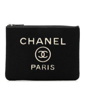 CHANEL Deauville O-Case Pouch / Clutch Black Wool Medium